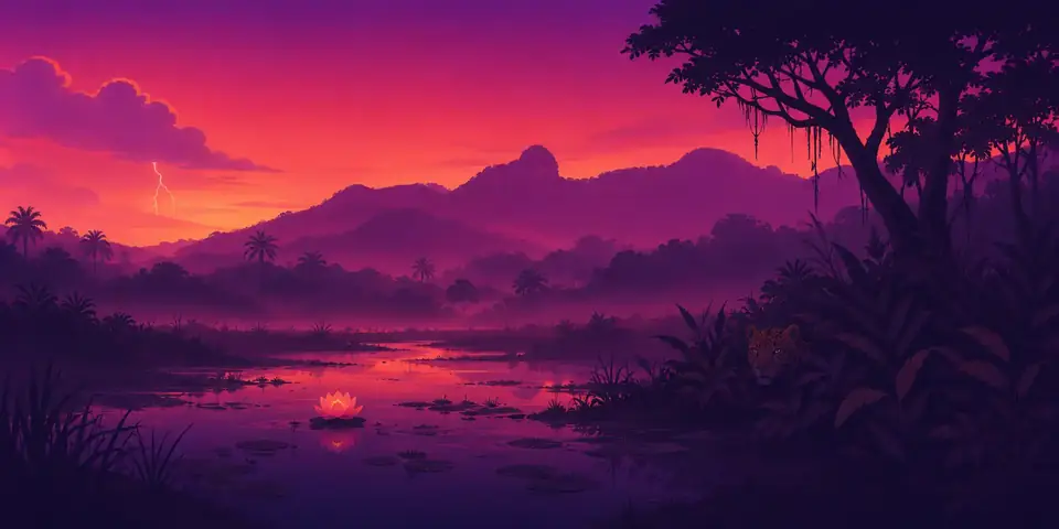 Flor de loto brillando sobre el agua oscura del pantano al atardecer, con un jaguar asomando entre el follaje — arte de El Pantano